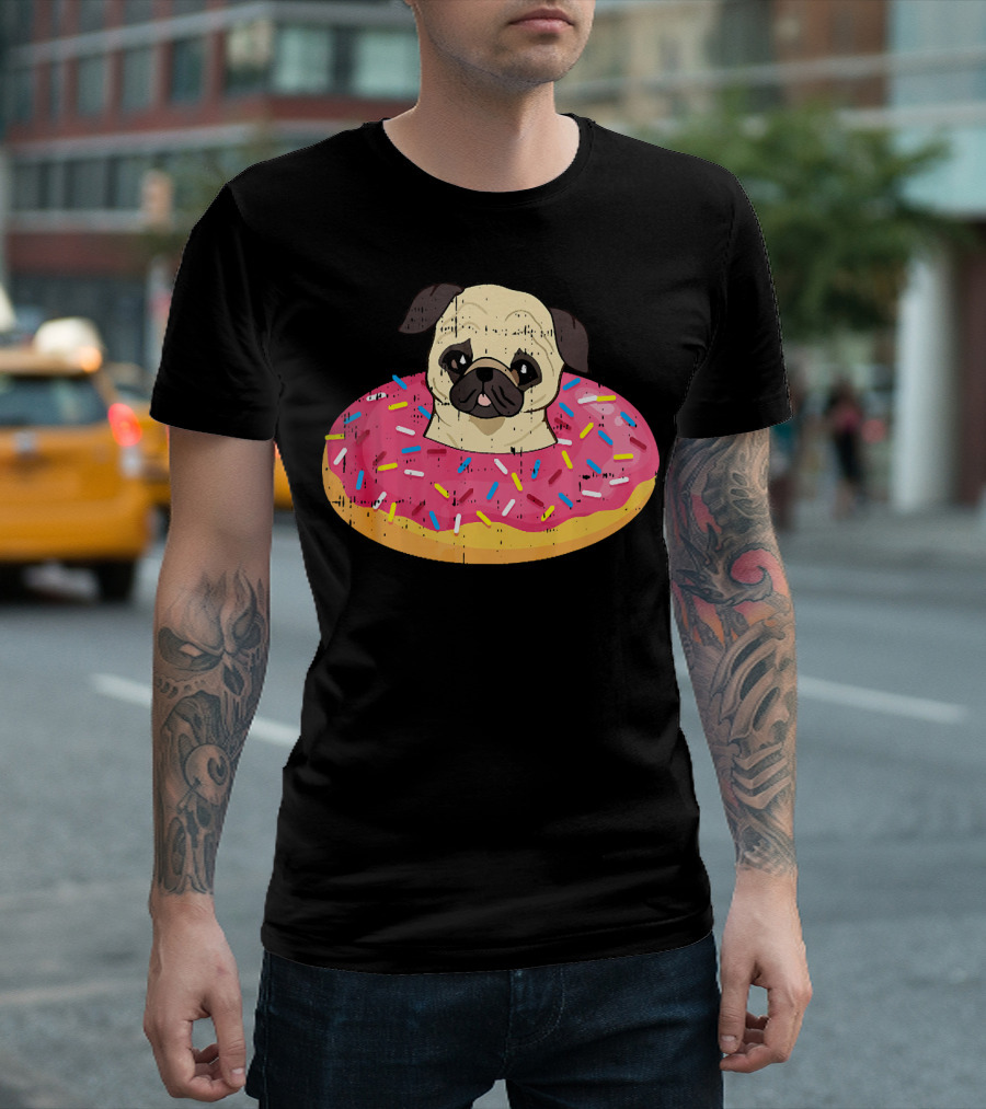 Pug Dog in Colorful Sprinkle Doughnut Floatie Pet Donut Cute T-Shirt