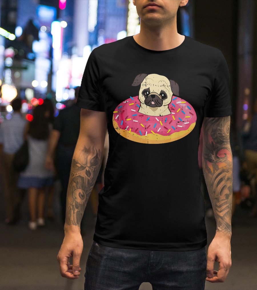 Pug Dog In Colorful Sprinkle Doughnut Floatie Pet Donut Cute T-Shirt