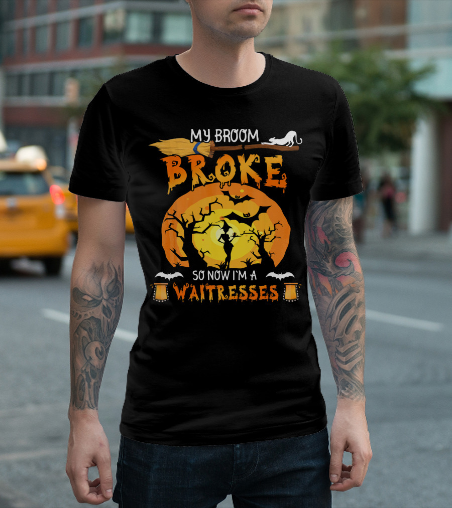 My Broom Broke So Now I'm A Waitresses Halloween Witch Moon Cat Lanterns T-Shirt