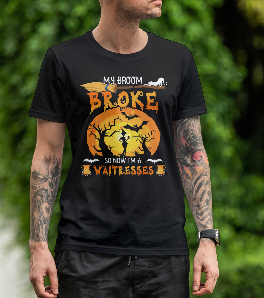My Broom Broke So Now I'm A Waitresses Halloween Witch Moon Cat Lanterns T-Shirt