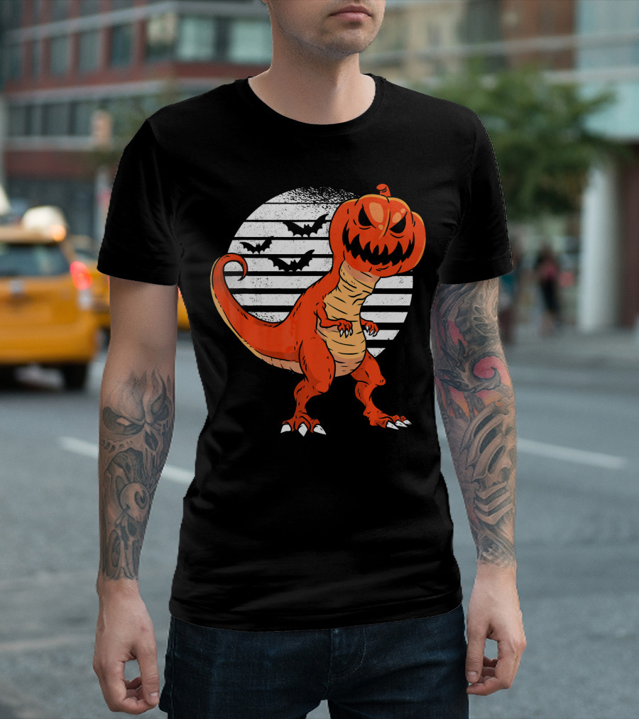 Funny Dinosaur Pumpkin Head Halloween with Bats T-Shirt