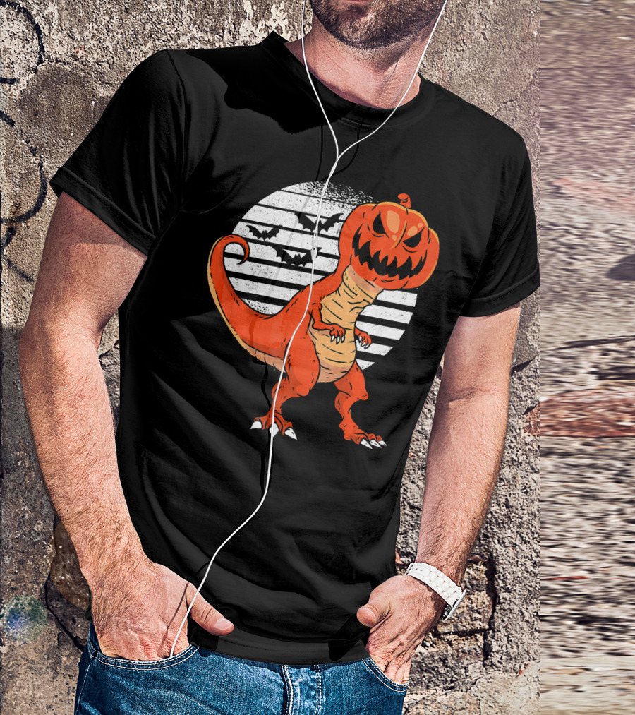 Funny Dinosaur Pumpkin Head Halloween With Bats T-Shirt