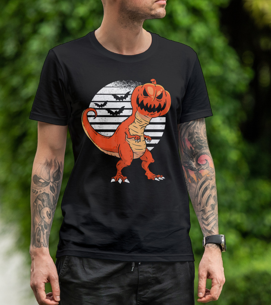 Funny Dinosaur Pumpkin Head Halloween With Bats T-Shirt