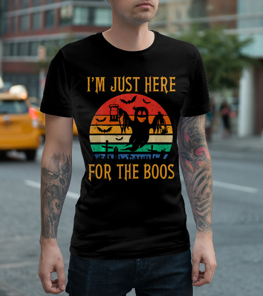 I'm Just Here For The Boos Halloween Ghost and Bats Retro Sunset T-Shirt