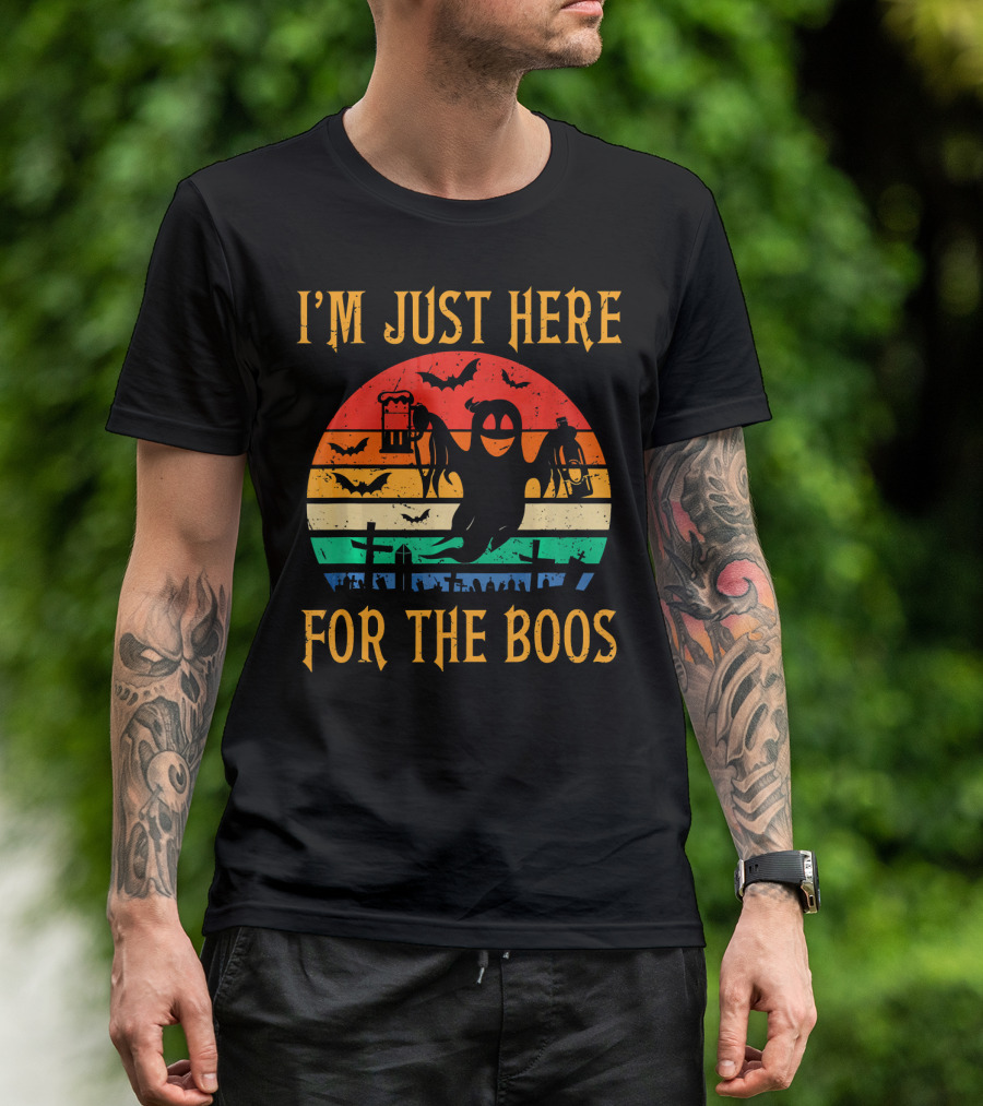 I'm Just Here For The Boos Halloween Ghost And Bats Retro Sunset T-Shirt