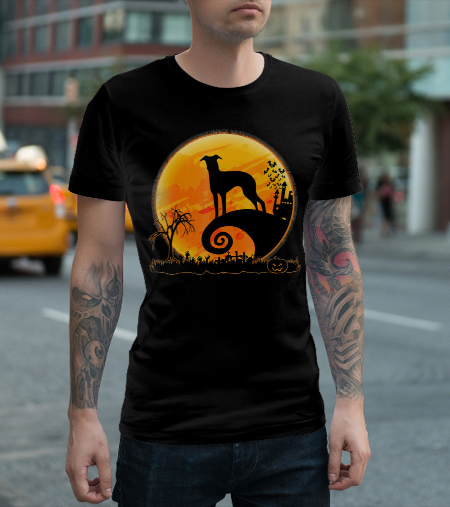 Italian Greyhound Dog Silhouette on Halloween Moon Night T-Shirt