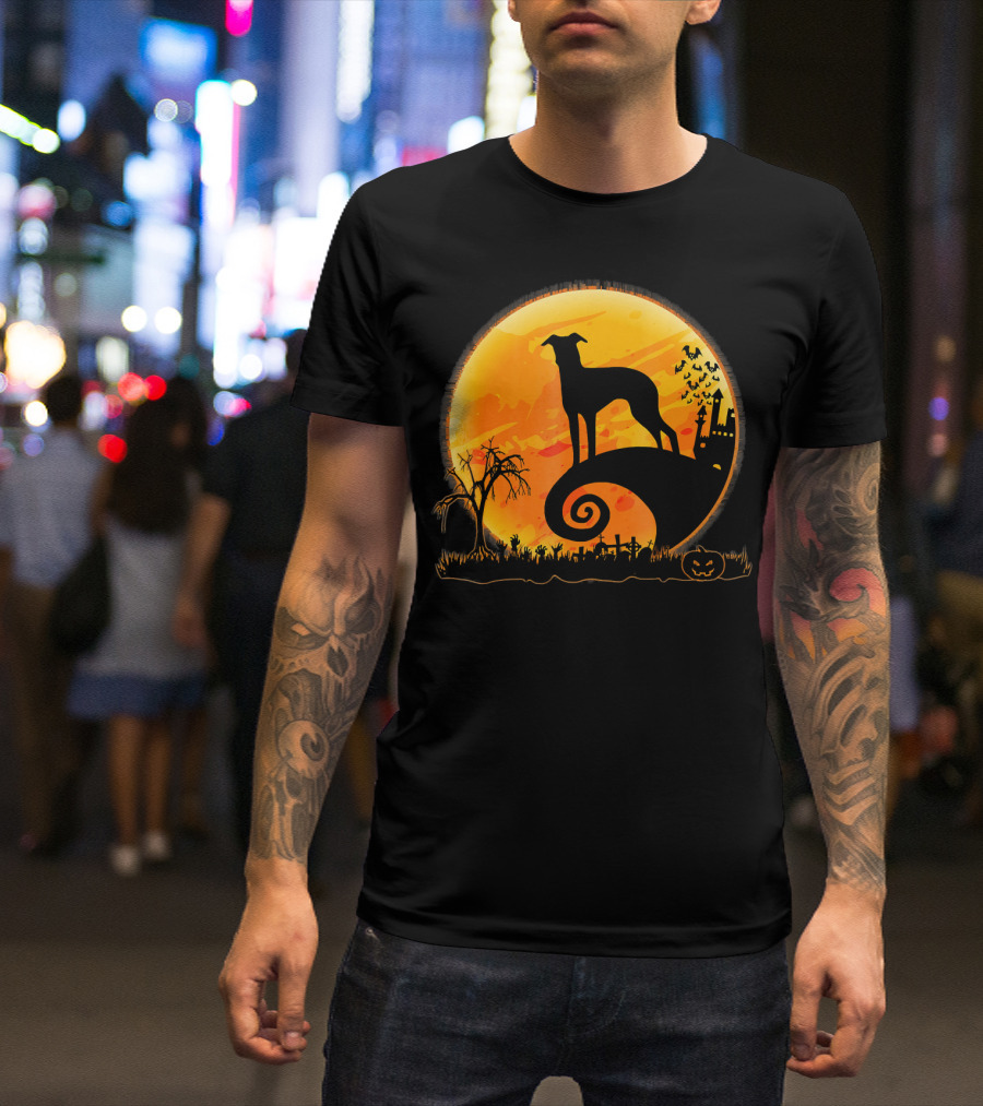 Italian Greyhound Dog Silhouette On Halloween Moon Night T-Shirt