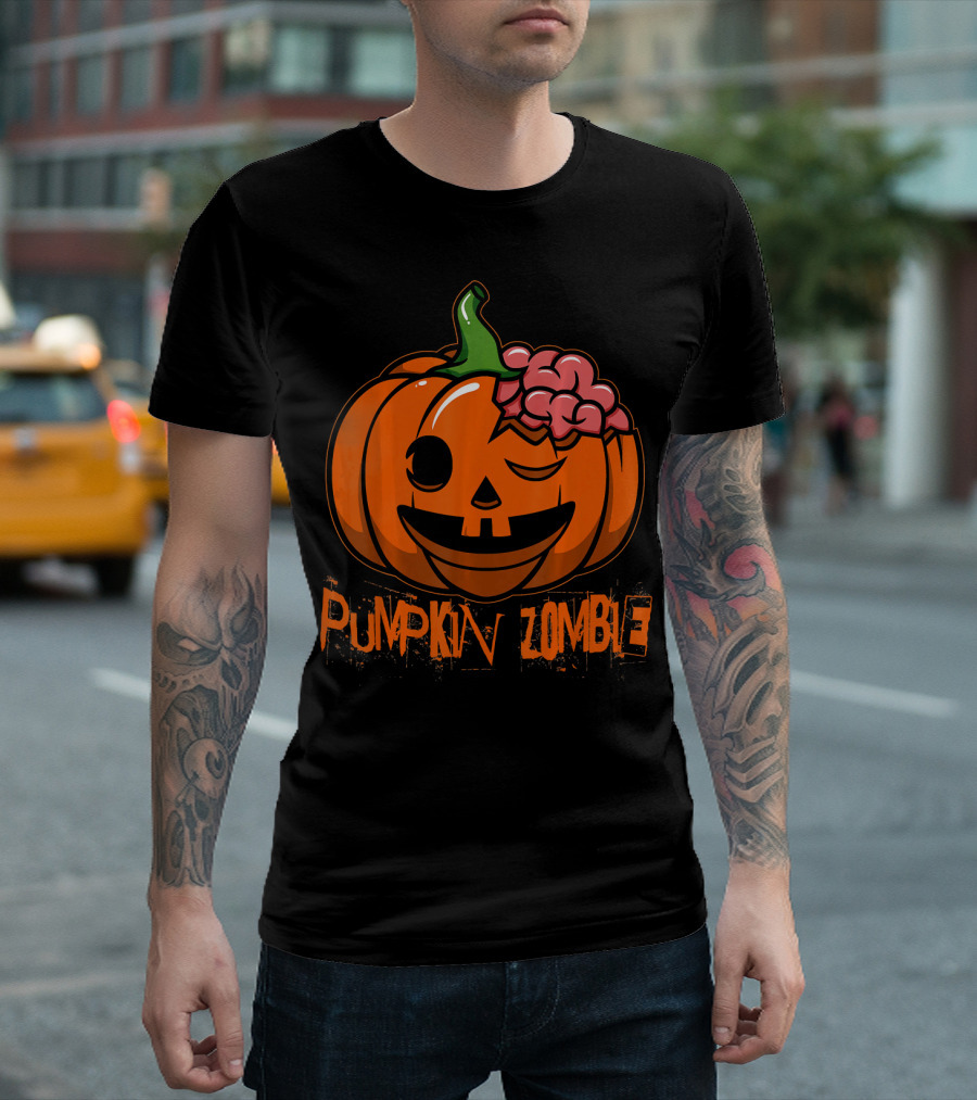 Pumpkin Zombie Halloween Horror Winking Jack O'Lantern With Brain T-Shirt