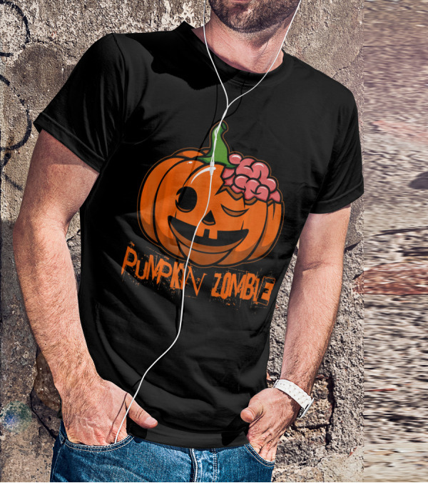 Pumpkin Zombie Halloween Horror Winking Jack O'Lantern With Brain T-Shirt