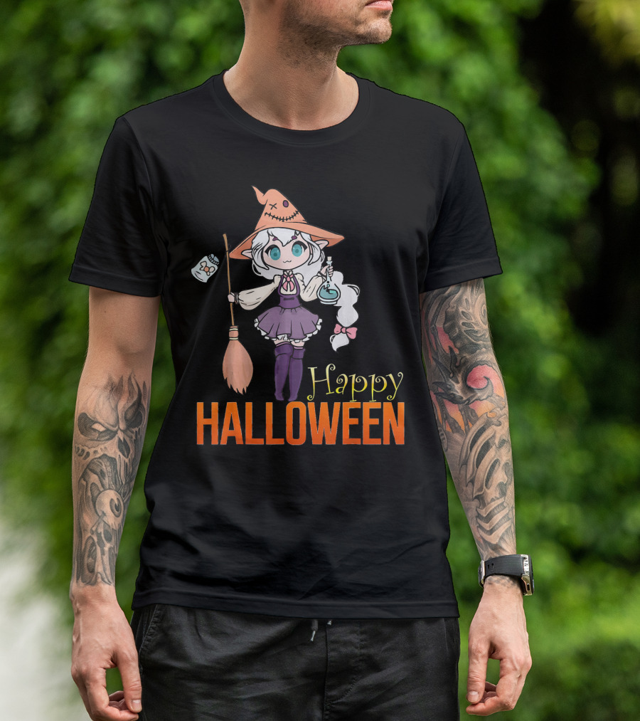 Happy Halloween Witch Anime Girl Cute Magic Potions And Broom T-Shirt