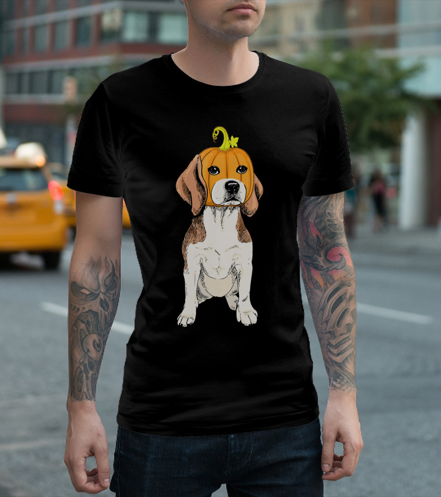 Beagle Wearing Pumpkin Face Funny Halloween Costume T-Shirt