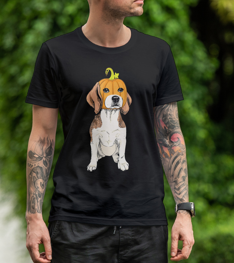 Beagle Wearing Pumpkin Face Funny Halloween Costume T-Shirt