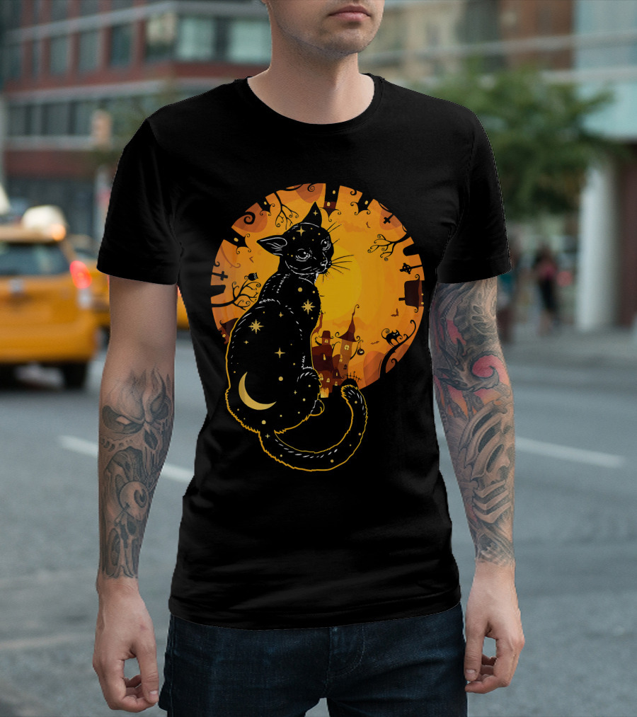 Halloween Black Cat with Stars and Moon in Haunted Landscape T-Shirt