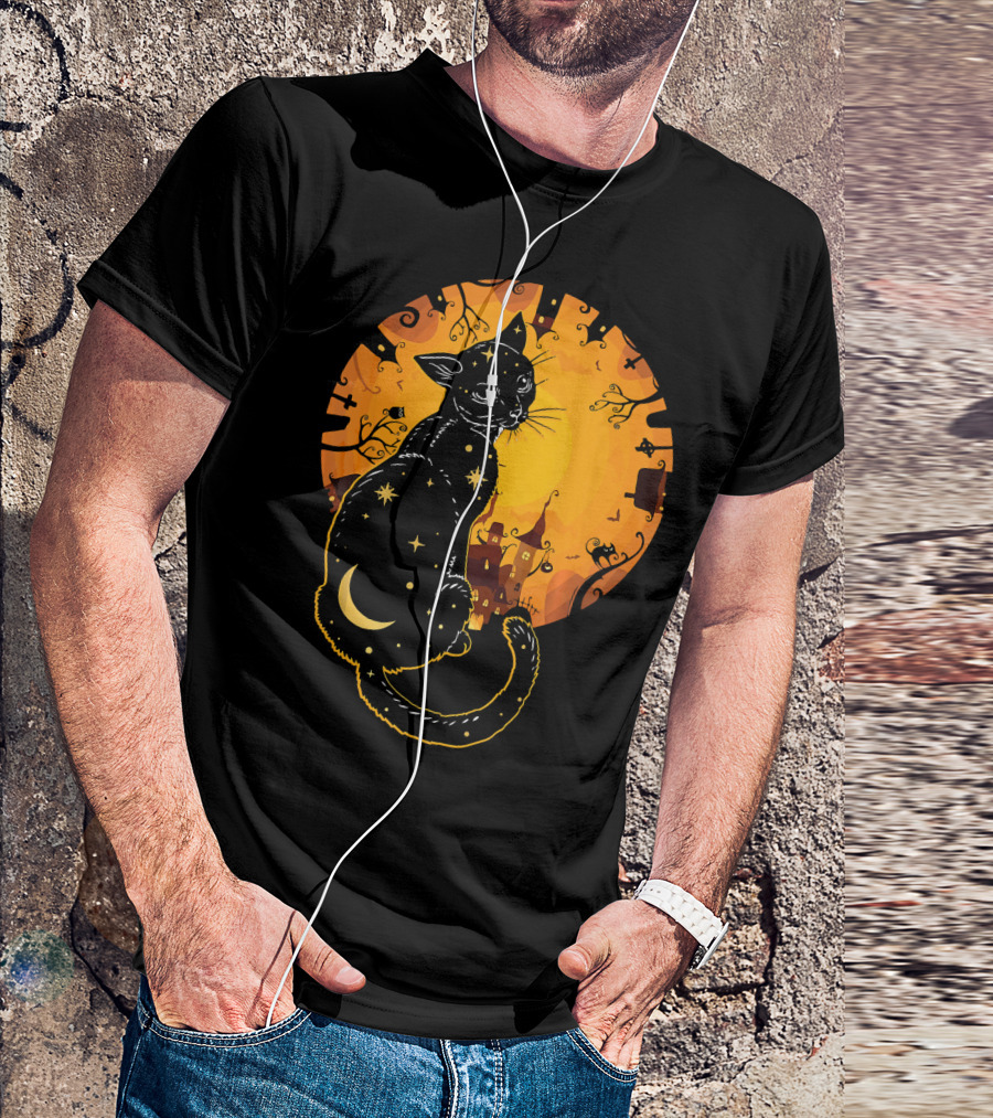 Halloween Black Cat With Stars And Moon In Haunted Landscape T-Shirt