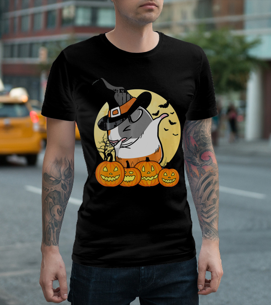Witch Hat Dabbing Guinea Pig Halloween Pumpkins and Bats Moon Dance T-Shirt