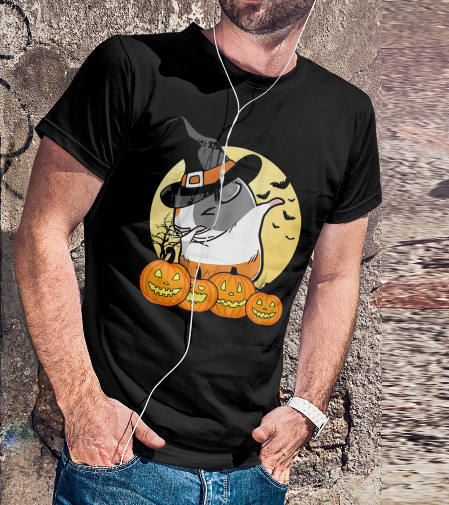 Witch Hat Dabbing Guinea Pig Halloween Pumpkins And Bats Moon Dance T-Shirt