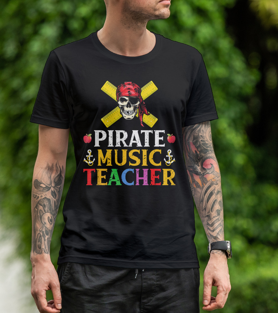 Funny Pirate Music Teacher Halloween Skull Anchors Apples Rulers T-Shirt