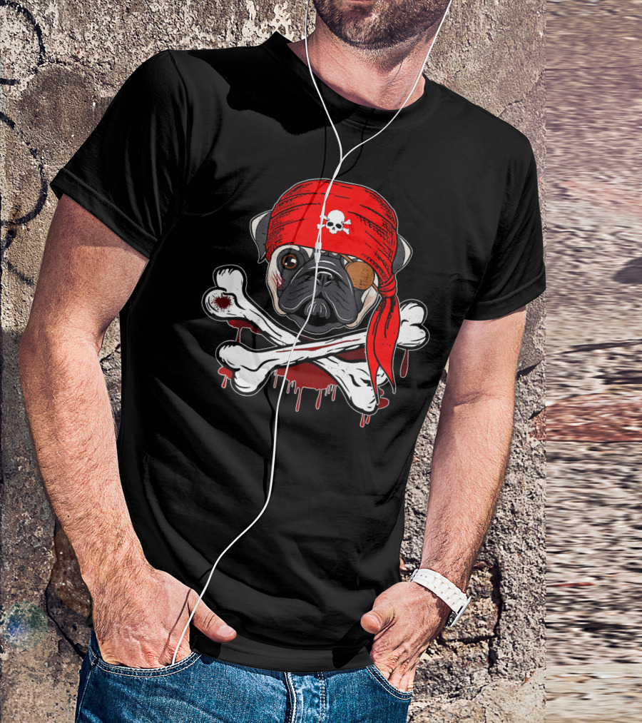 Funny Pirate Pug Dog With Skull Bandana And Crossbones T-Shirt