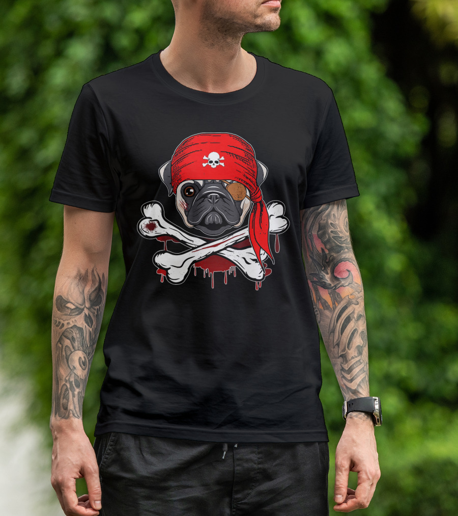 Funny Pirate Pug Dog With Skull Bandana And Crossbones T-Shirt