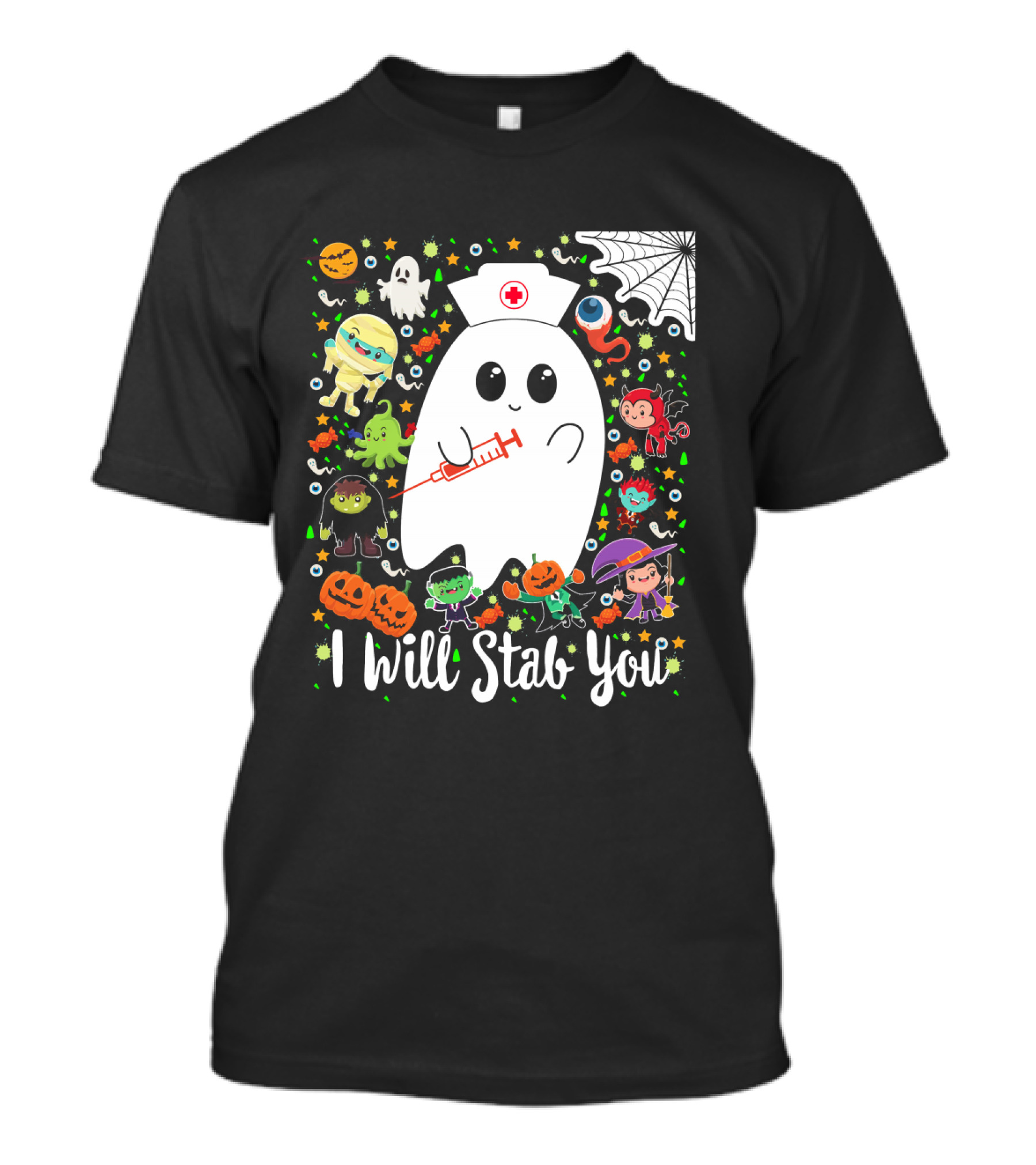 I Will Stab You Funny Halloween Ghost Nurse With Syringe Surrounded By Monsters Pumpkins And Web T-Shirt