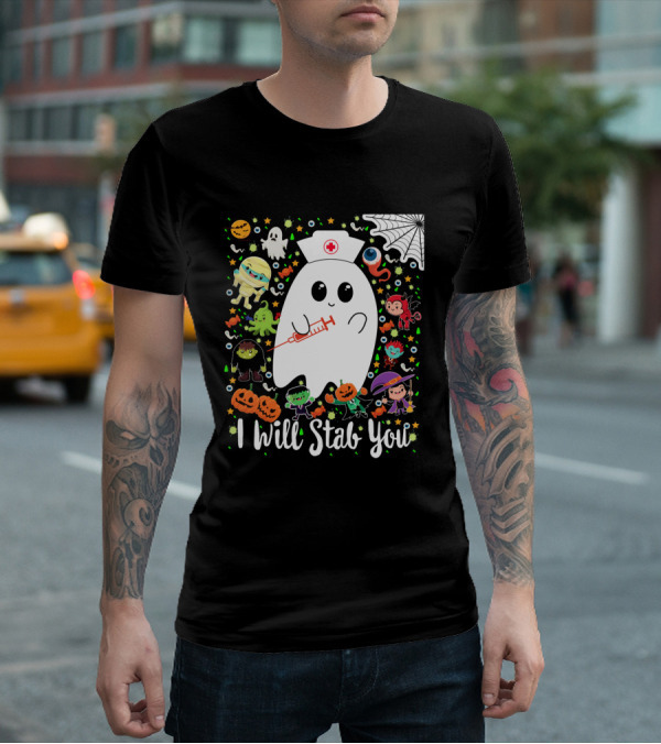 I Will Stab You Funny Halloween Ghost Nurse With Syringe Surrounded By Monsters Pumpkins And Web T-Shirt