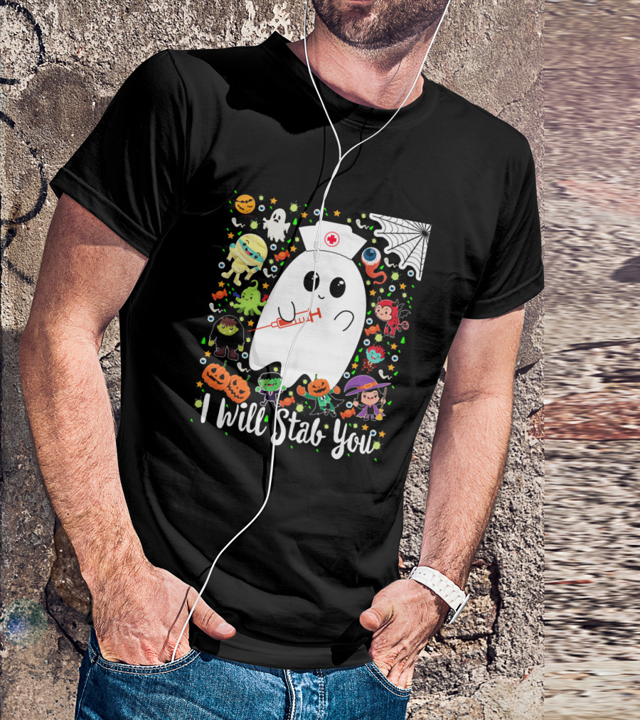 I Will Stab You Funny Halloween Ghost Nurse With Syringe Surrounded By Monsters Pumpkins And Web T-Shirt