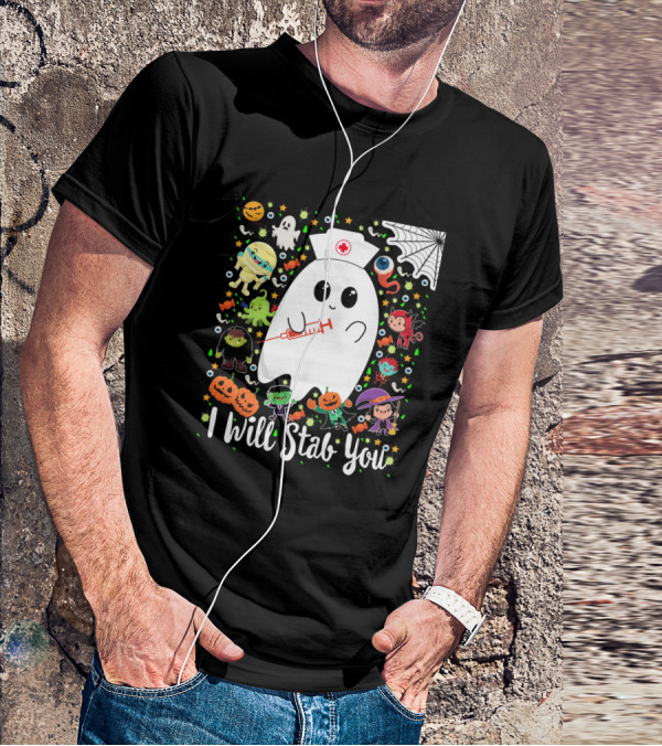 I Will Stab You Funny Halloween Ghost Nurse With Syringe Surrounded By Monsters Pumpkins And Web T-Shirt