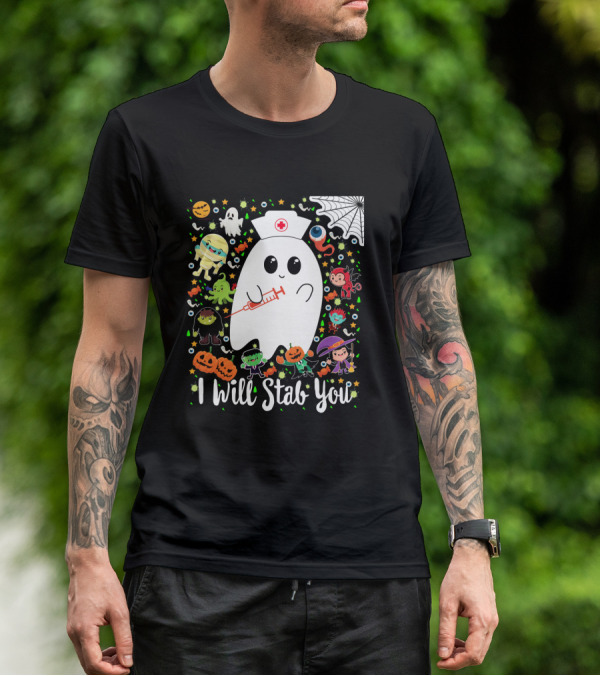 I Will Stab You Funny Halloween Ghost Nurse With Syringe Surrounded By Monsters Pumpkins And Web T-Shirt