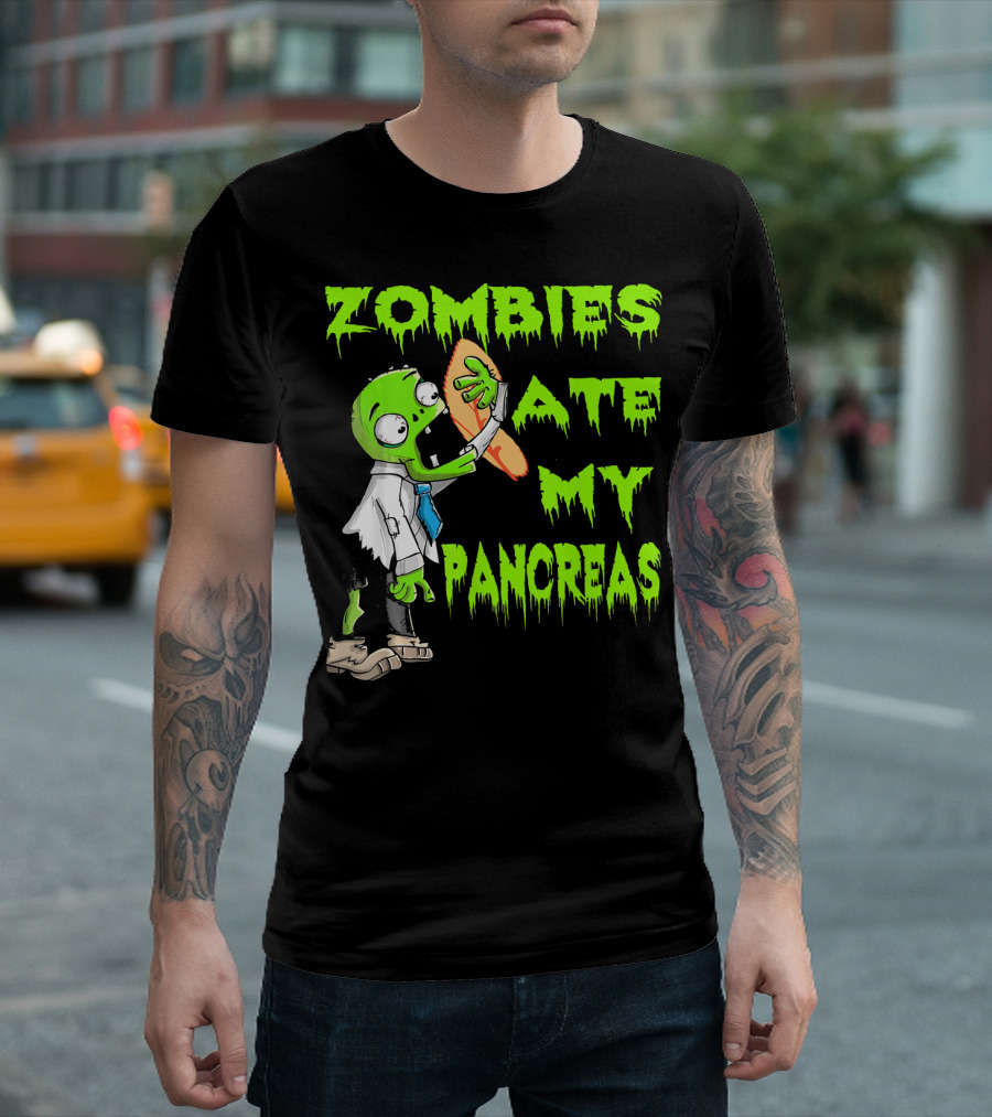 Zombies Ate My Pancreas Diabetes Awareness Cartoon Zombie Holding Organ T-Shirt