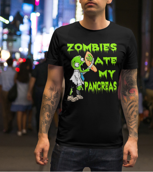 Zombies Ate My Pancreas Diabetes Awareness Cartoon Zombie Holding Organ T-Shirt