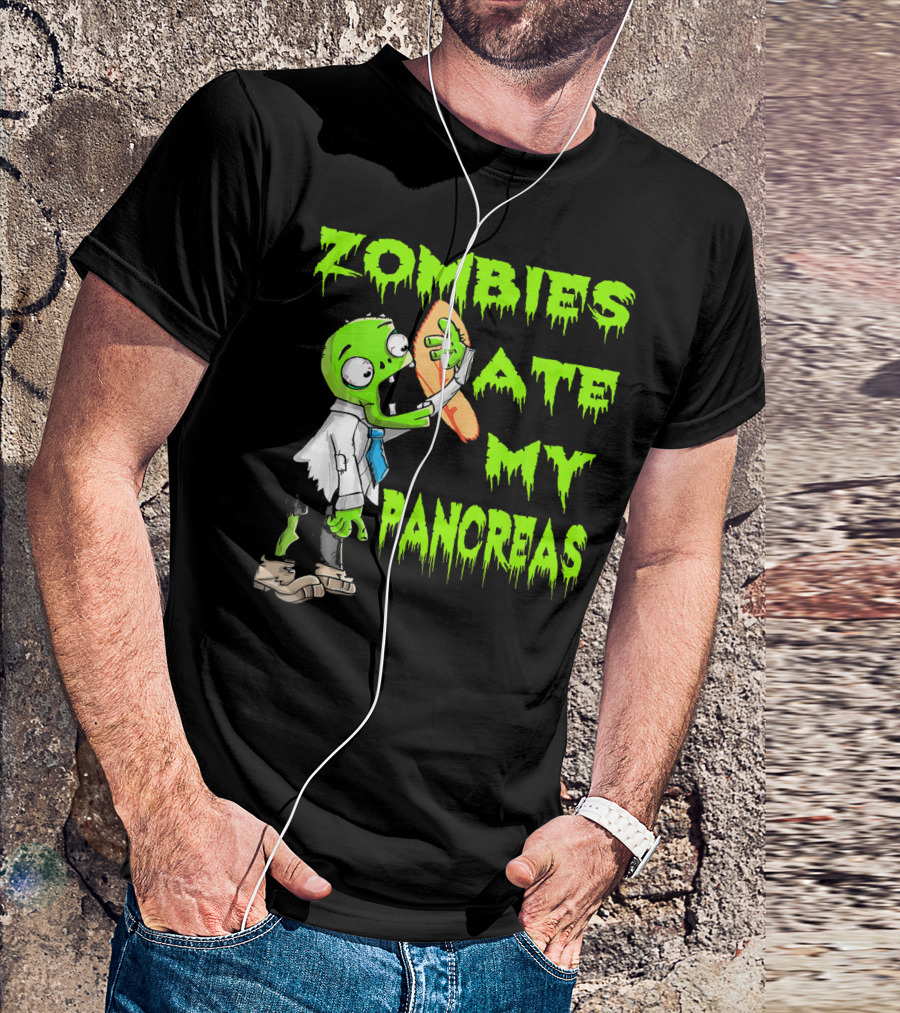 Zombies Ate My Pancreas Diabetes Awareness Cartoon Zombie Holding Organ T-Shirt
