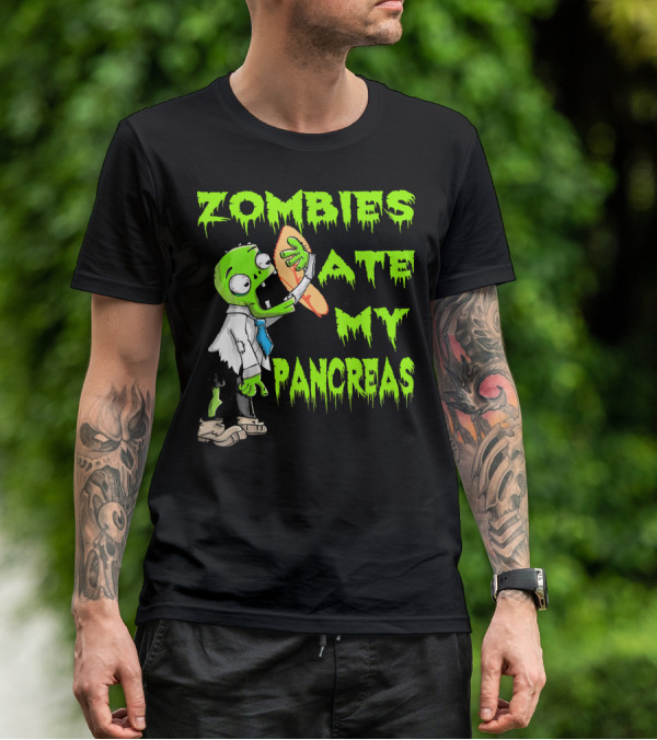 Zombies Ate My Pancreas Diabetes Awareness Cartoon Zombie Holding Organ T-Shirt