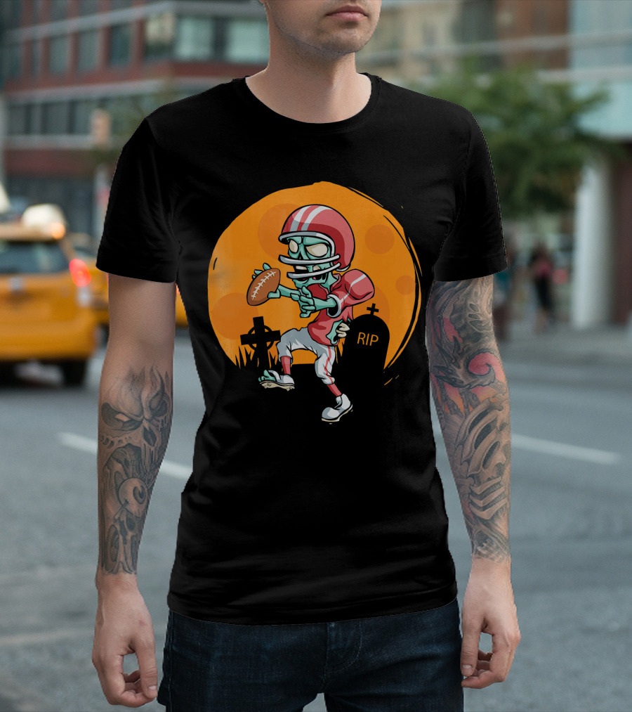 Zombie Football Player Halloween Graveyard Scene T-Shirt