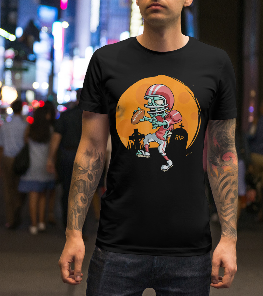 Zombie Football Player Halloween Graveyard Scene T-Shirt