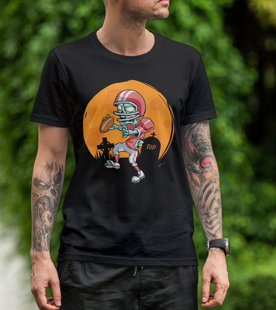 Zombie Football Player Halloween Graveyard Scene T-Shirt
