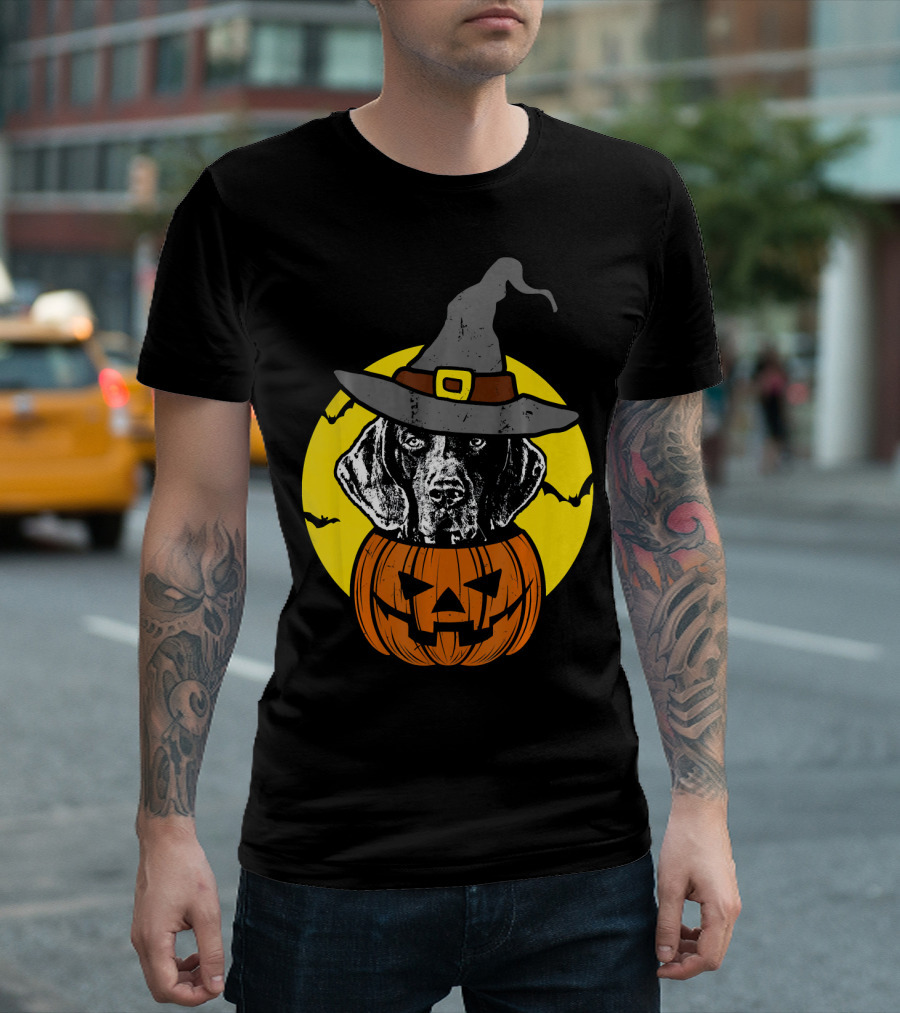 German Shorthaired Pointer Witch Hat Pumpkin Halloween Moon T-Shirt