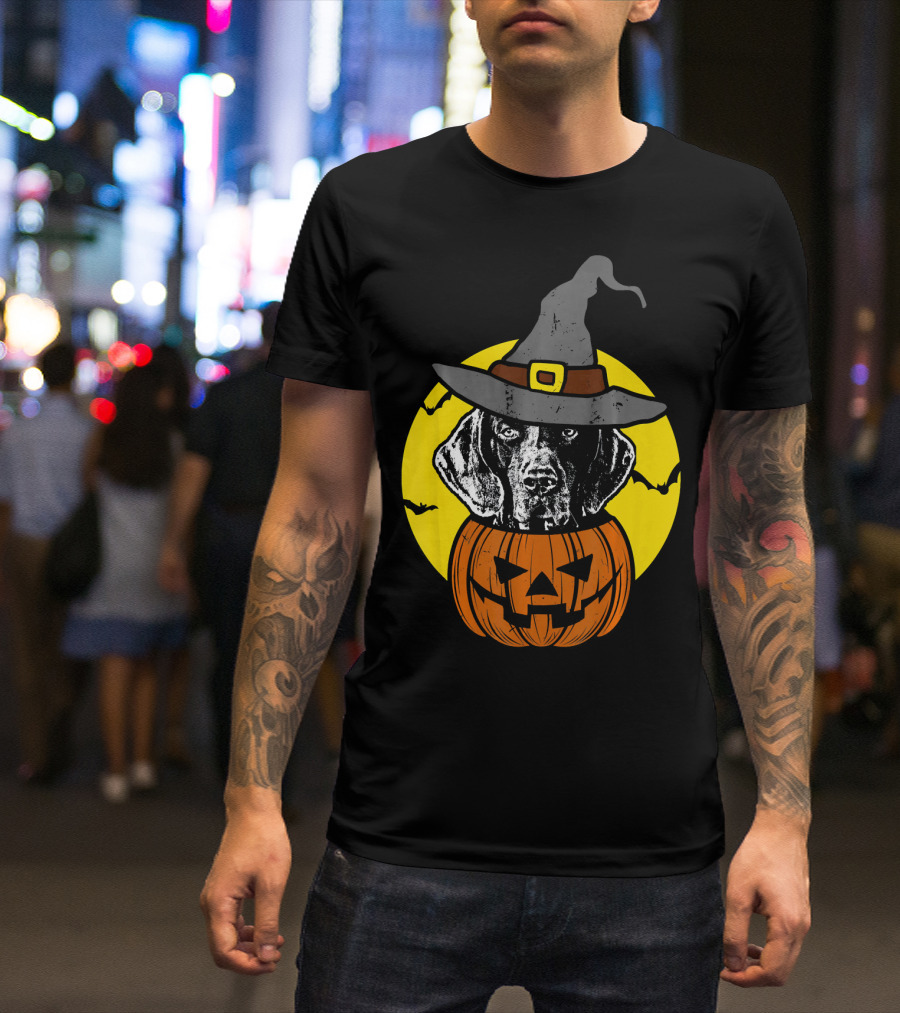 German Shorthaired Pointer Witch Hat Pumpkin Halloween Moon T-Shirt