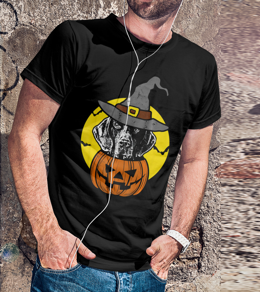 German Shorthaired Pointer Witch Hat Pumpkin Halloween Moon T-Shirt