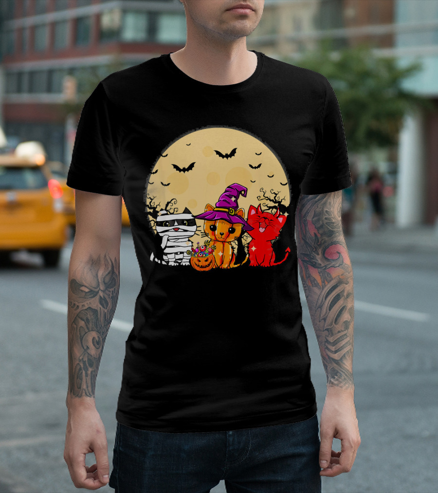 Three Cats Halloween Moon Bats Mummy Witch Devil T-Shirt