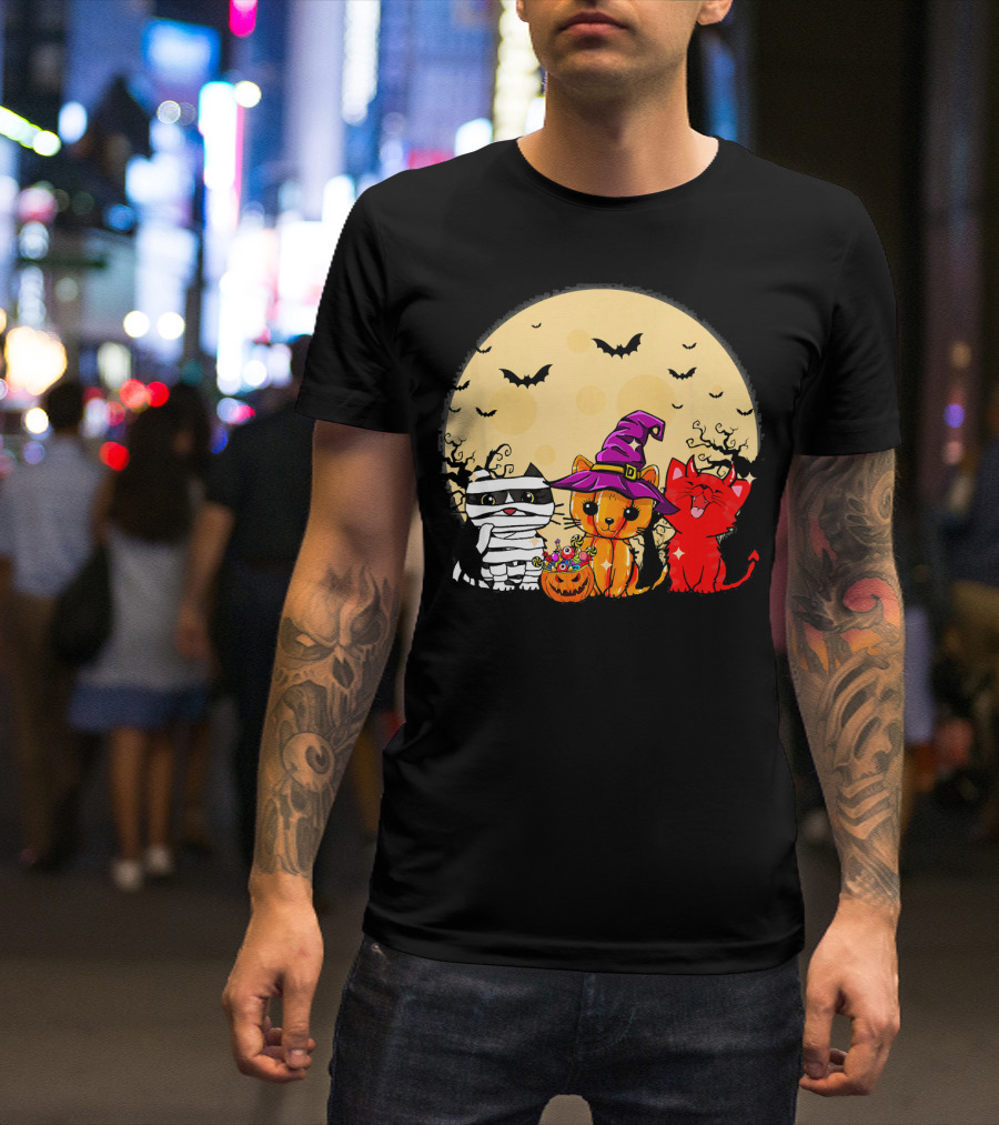 Three Cats Halloween Moon Bats Mummy Witch Devil T-Shirt