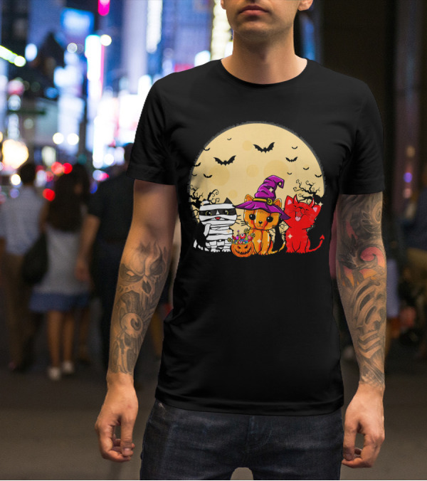 Three Cats Halloween Moon Bats Mummy Witch Devil T-Shirt