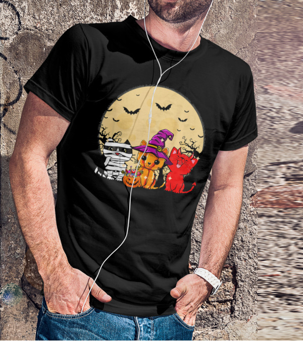 Three Cats Halloween Moon Bats Mummy Witch Devil T-Shirt