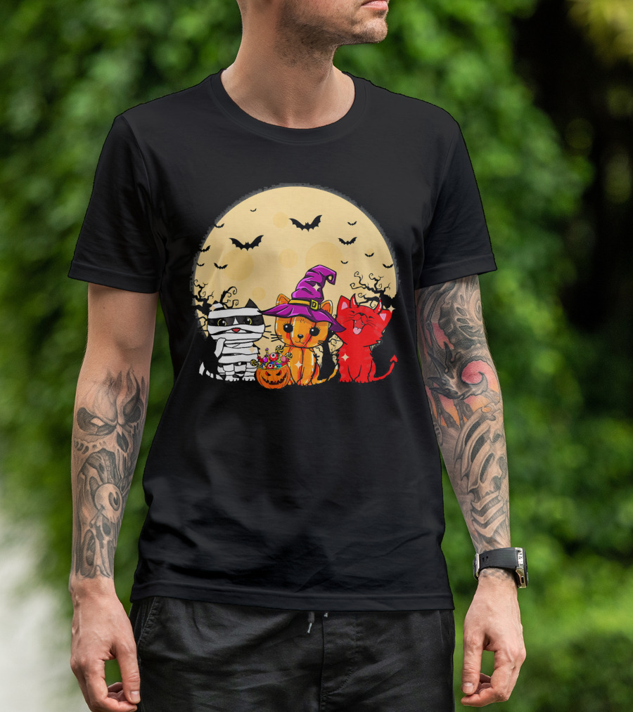 Three Cats Halloween Moon Bats Mummy Witch Devil T-Shirt
