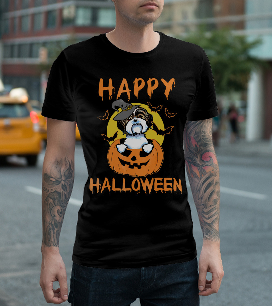 Happy Halloween Shih Tzu Pumpkin With Witch Hat and Bats T-Shirt