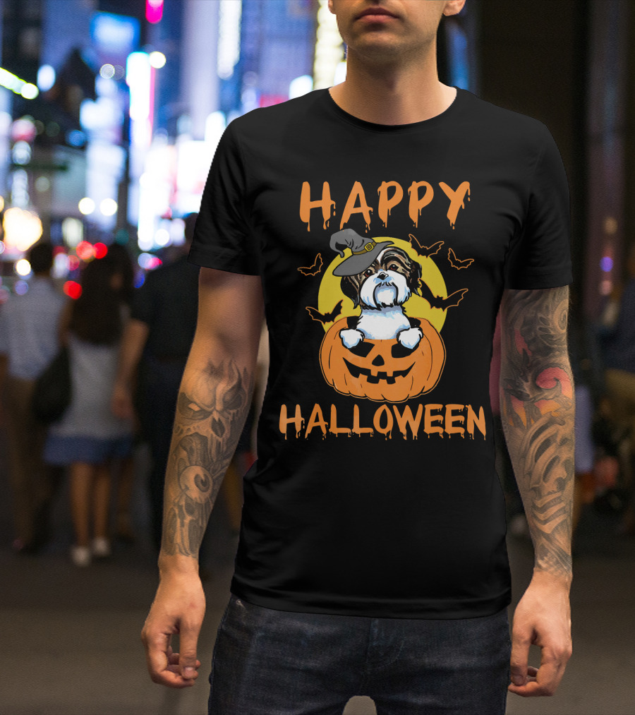 Happy Halloween Shih Tzu Pumpkin With Witch Hat And Bats T-Shirt