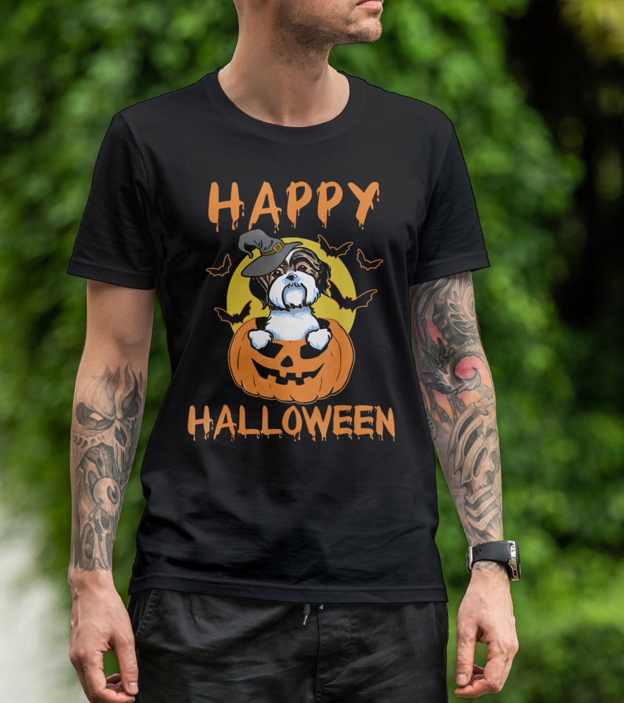 Happy Halloween Shih Tzu Pumpkin With Witch Hat And Bats T-Shirt