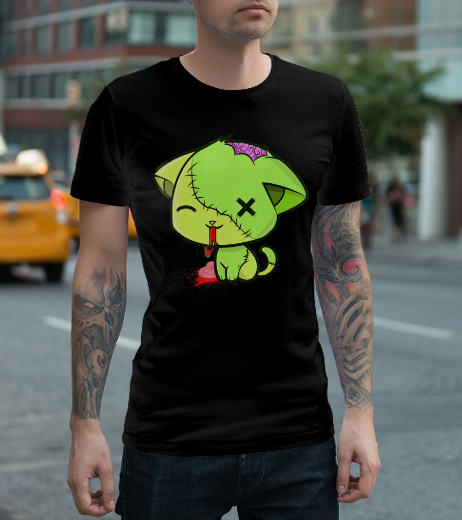 Cute Zombkitty Green Zombie Kitten Neon Brain T-Shirt