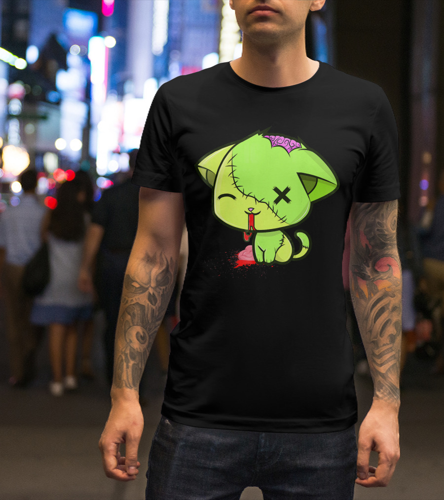 Cute Zombkitty Green Zombie Kitten Neon Brain T-Shirt