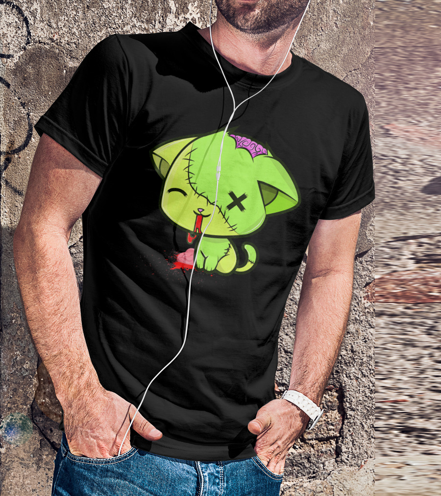 Cute Zombkitty Green Zombie Kitten Neon Brain T-Shirt