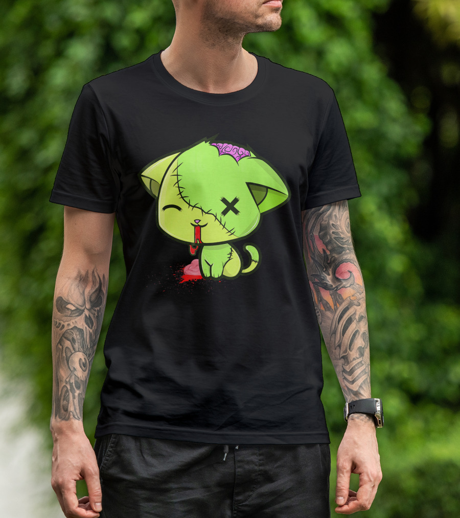 Cute Zombkitty Green Zombie Kitten Neon Brain T-Shirt